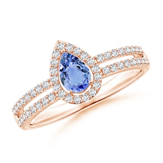 6x4mm A Pear Tanzanite and Diamond Halo Split Shank Ring in 9K Rose Gold