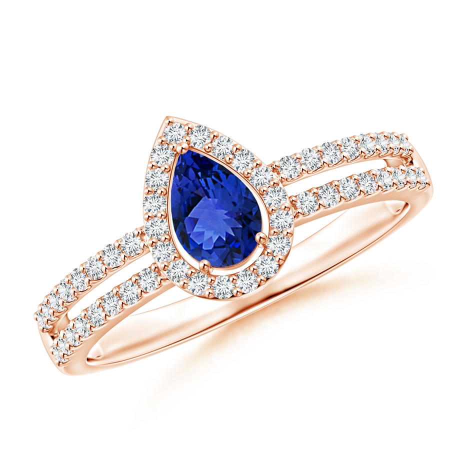 6x4mm AAA Pear Tanzanite and Diamond Halo Split Shank Ring in 9K Rose Gold 