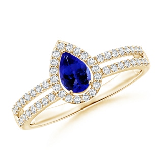 6x4mm AAAA Pear Tanzanite and Diamond Halo Split Shank Ring in Yellow Gold