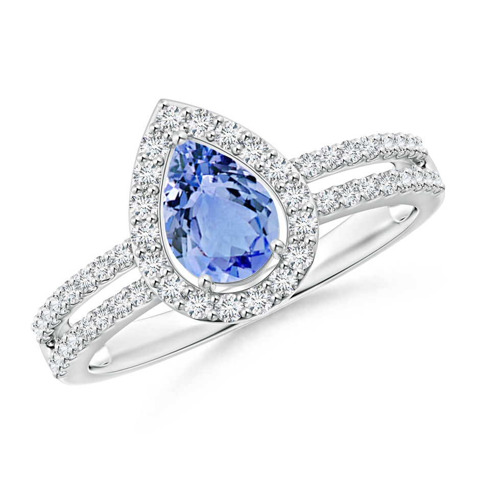 7x5mm A Pear Tanzanite and Diamond Halo Split Shank Ring in White Gold 