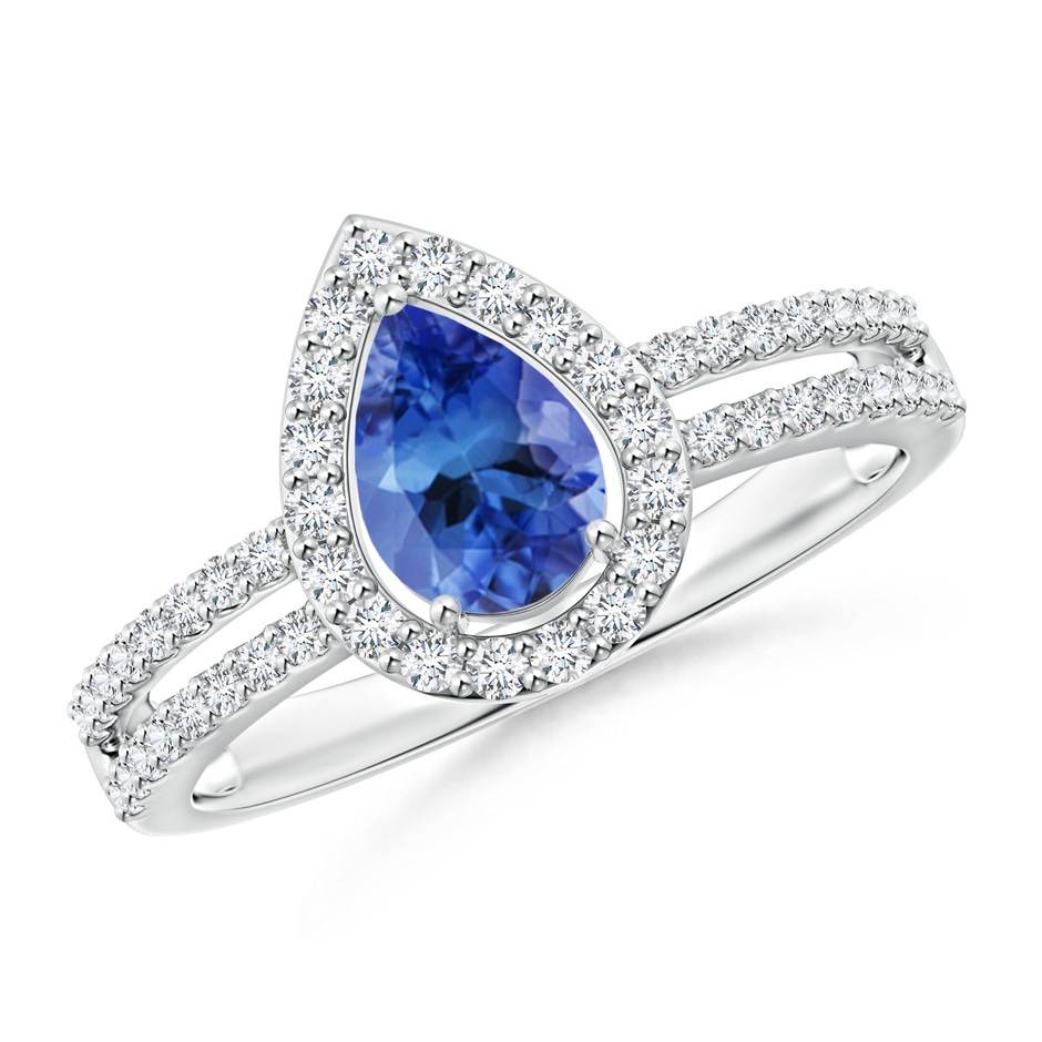 7x5mm AA Pear Tanzanite and Diamond Halo Split Shank Ring in White Gold 