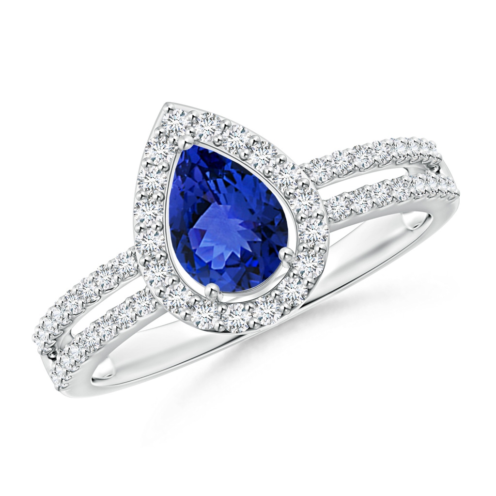 7x5mm AAA Pear Tanzanite and Diamond Halo Split Shank Ring in White Gold