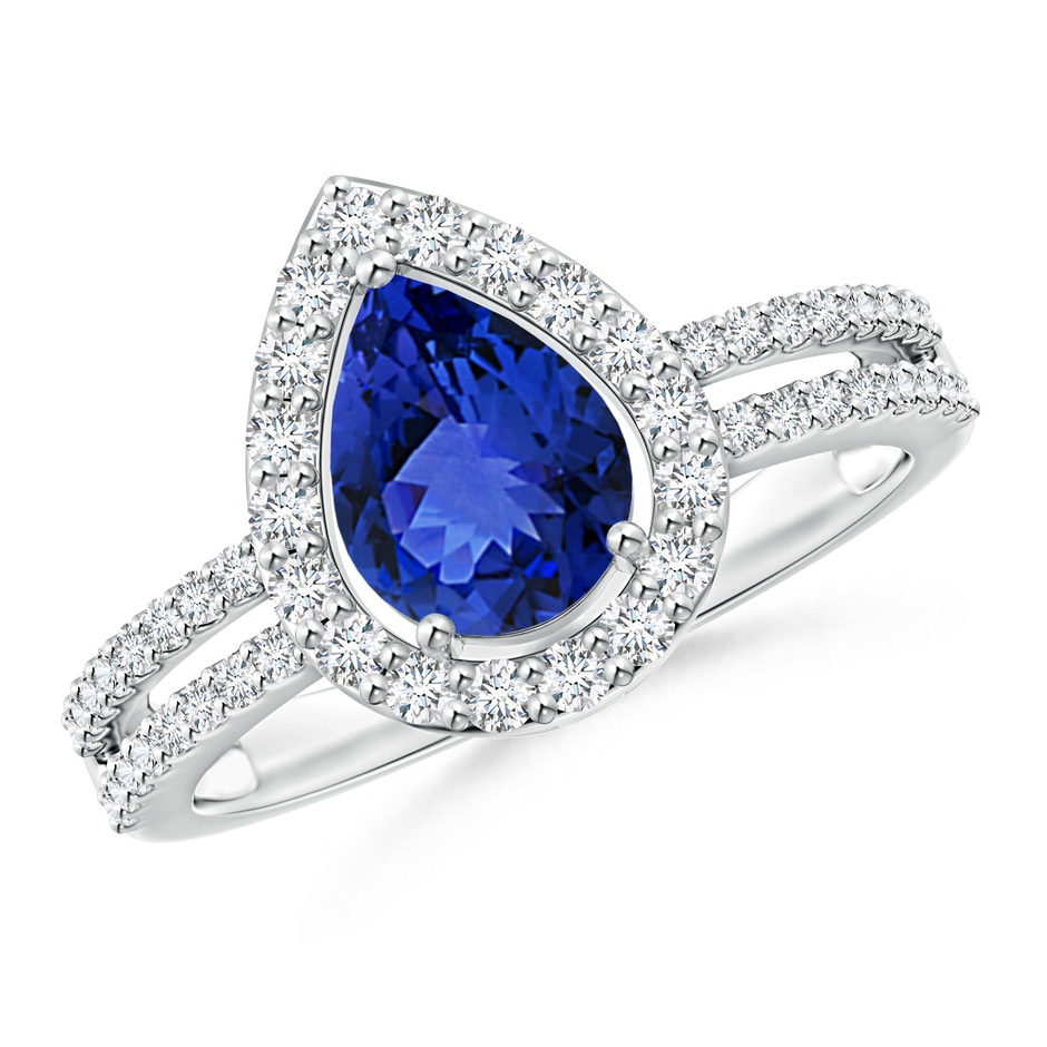 8x6mm AAA Pear Tanzanite and Diamond Halo Split Shank Ring in White Gold 