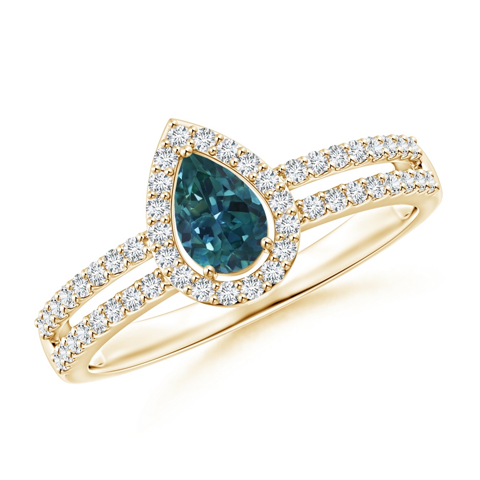 6x4mm AAA Pear Teal Montana Sapphire and Diamond Halo Split Shank Ring in Yellow Gold 