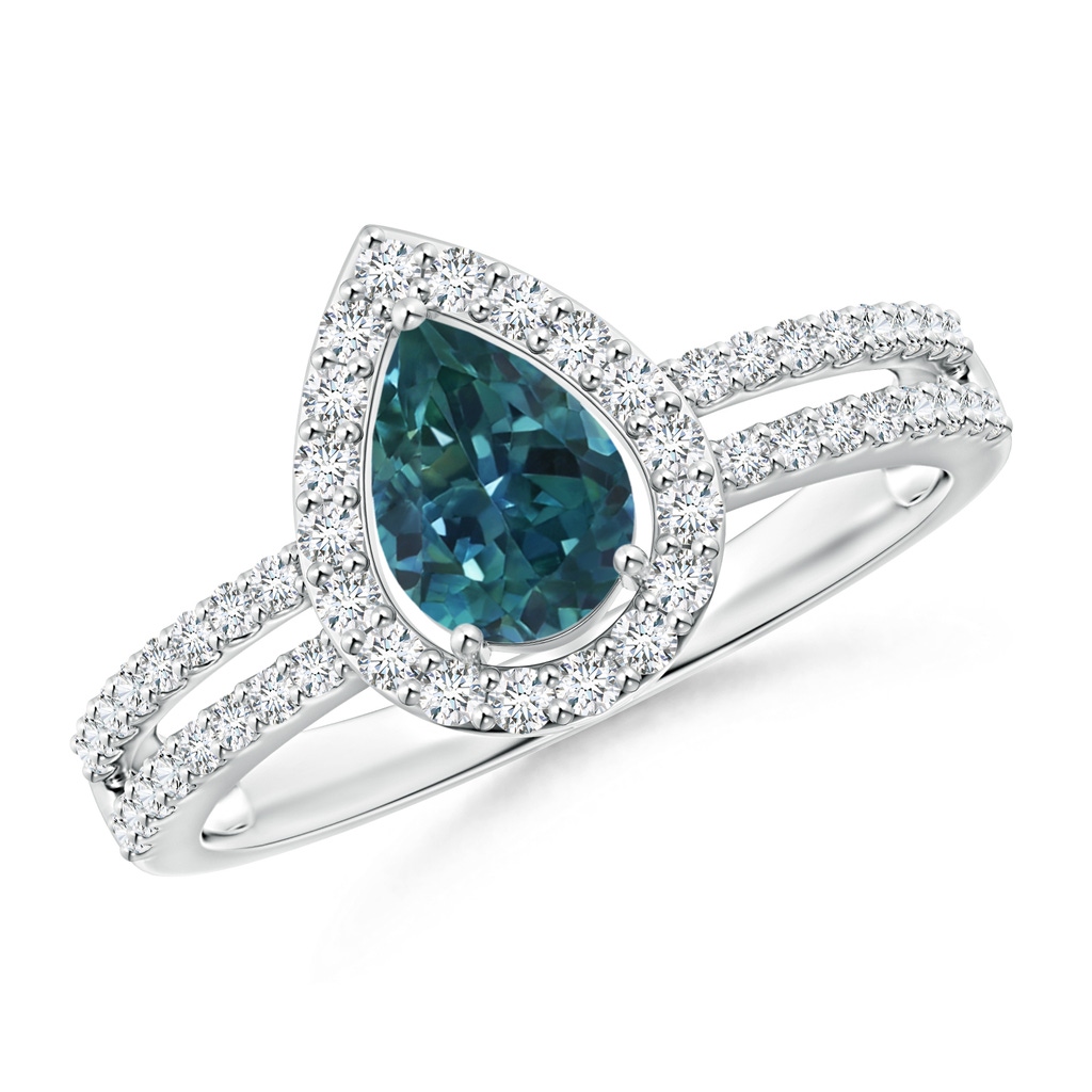 7x5mm AAA Pear Teal Montana Sapphire and Diamond Halo Split Shank Ring in White Gold