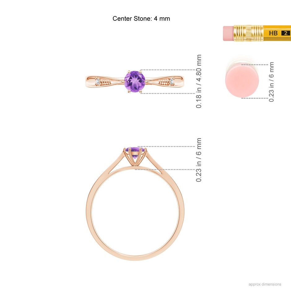 4mm A Tapered Shank Amethyst Solitaire Ring with Diamonds in Rose Gold ruler
