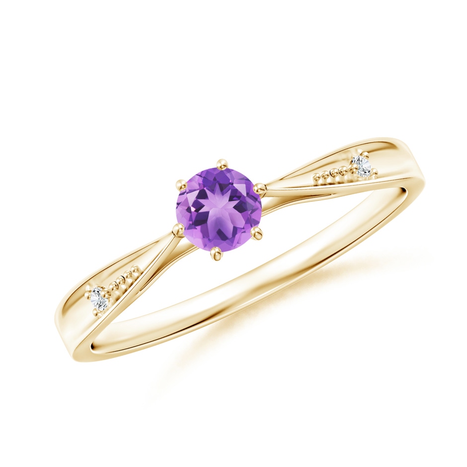 4mm A Tapered Shank Amethyst Solitaire Ring with Diamonds in Yellow Gold 