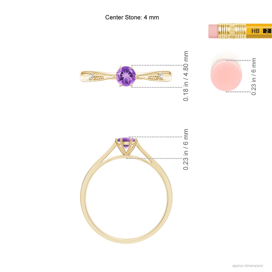 4mm A Tapered Shank Amethyst Solitaire Ring with Diamonds in Yellow Gold ruler