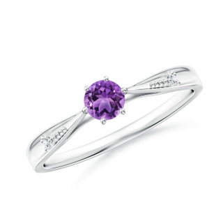 4mm AA Tapered Shank Amethyst Solitaire Ring with Diamonds in White Gold