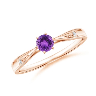 4mm AAA Tapered Shank Amethyst Solitaire Ring with Diamonds in Rose Gold