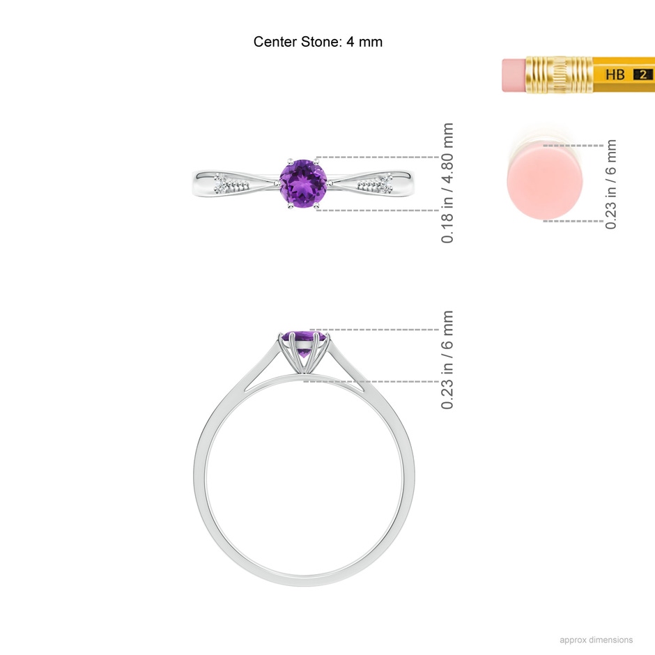 4mm AAA Tapered Shank Amethyst Solitaire Ring with Diamonds in White Gold ruler