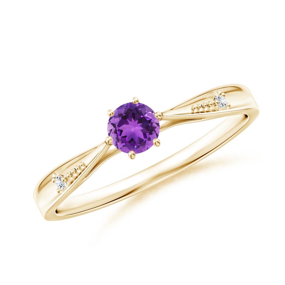 4mm AAA Tapered Shank Amethyst Solitaire Ring with Diamonds in Yellow Gold 