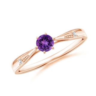 4mm AAAA Tapered Shank Amethyst Solitaire Ring with Diamonds in 9K Rose Gold