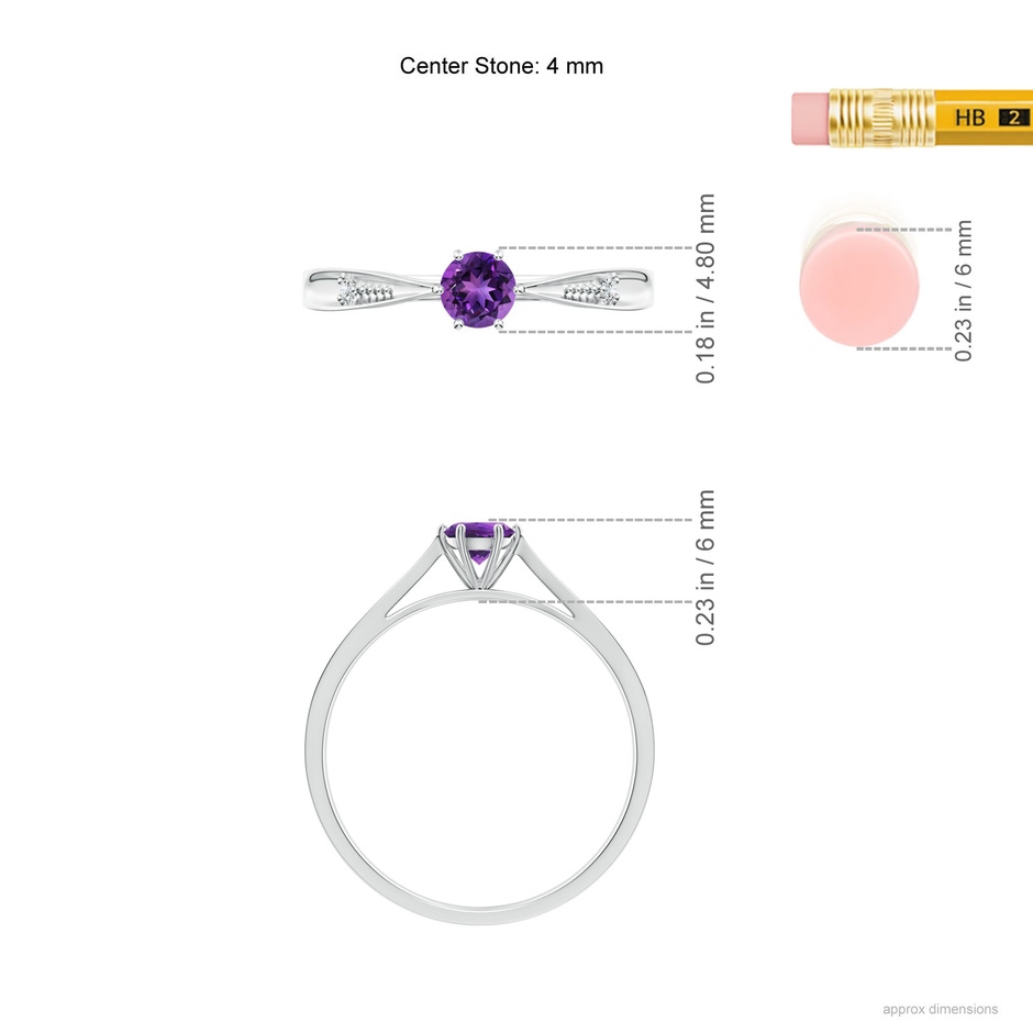4mm AAAA Tapered Shank Amethyst Solitaire Ring with Diamonds in P950 Platinum ruler
