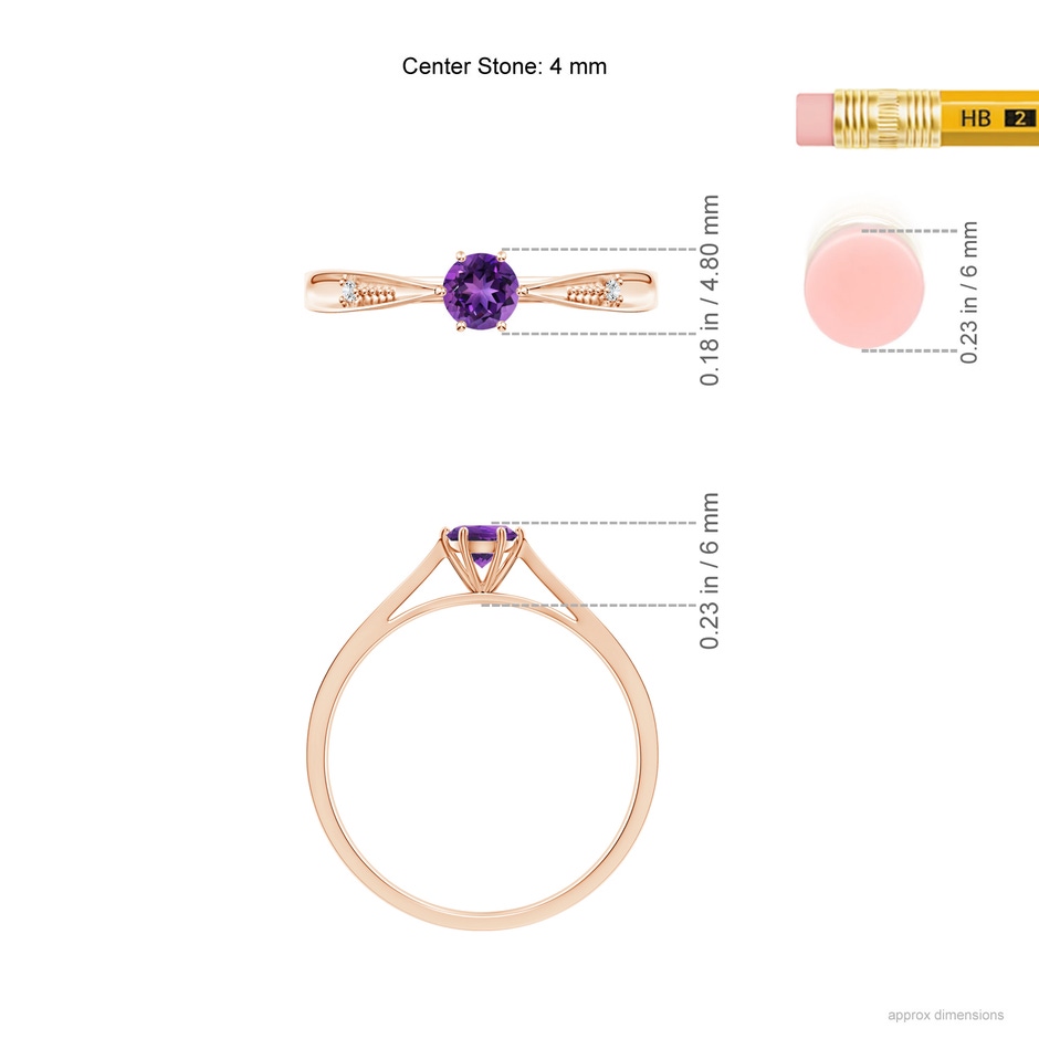4mm AAAA Tapered Shank Amethyst Solitaire Ring with Diamonds in Rose Gold ruler