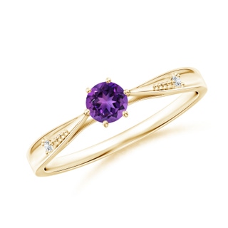 4mm AAAA Tapered Shank Amethyst Solitaire Ring with Diamonds in Yellow Gold