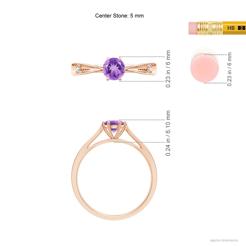 5mm A Tapered Shank Amethyst Solitaire Ring with Diamonds in Rose Gold ruler