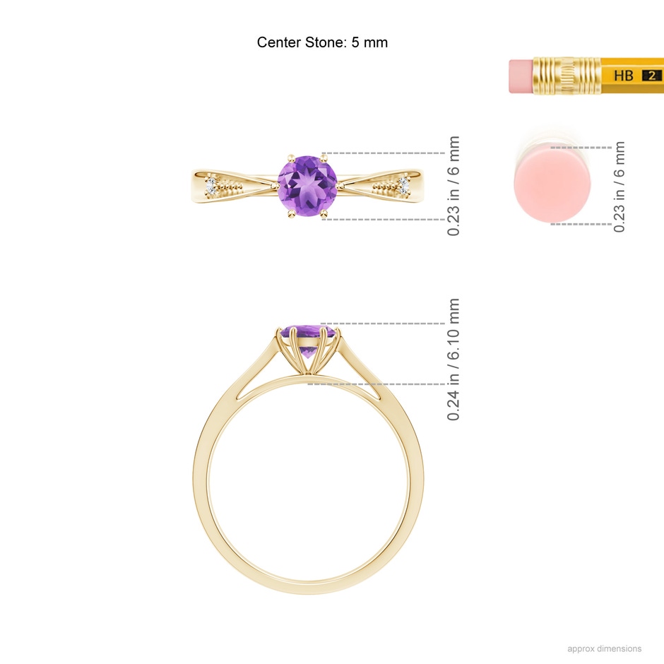 5mm A Tapered Shank Amethyst Solitaire Ring with Diamonds in Yellow Gold ruler