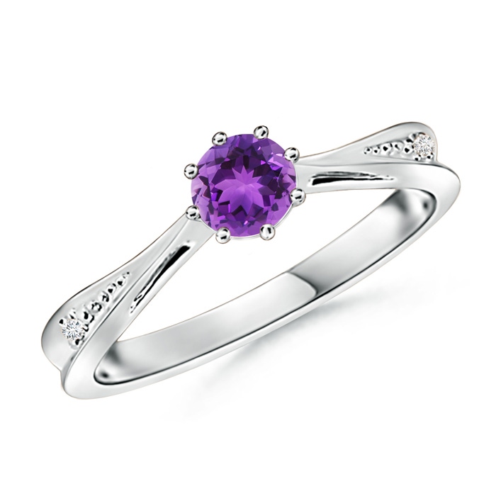5mm AAA Tapered Shank Amethyst Solitaire Ring with Diamonds in 10K White Gold
