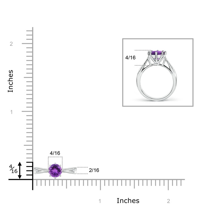 5mm AAA Tapered Shank Amethyst Solitaire Ring with Diamonds in 10K White Gold Body-Hand