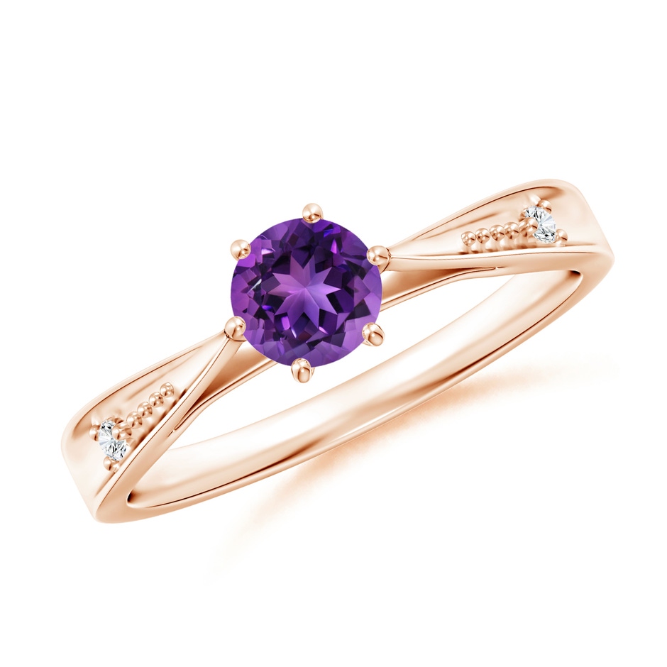 5mm AAAA Tapered Shank Amethyst Solitaire Ring with Diamonds in Rose Gold 