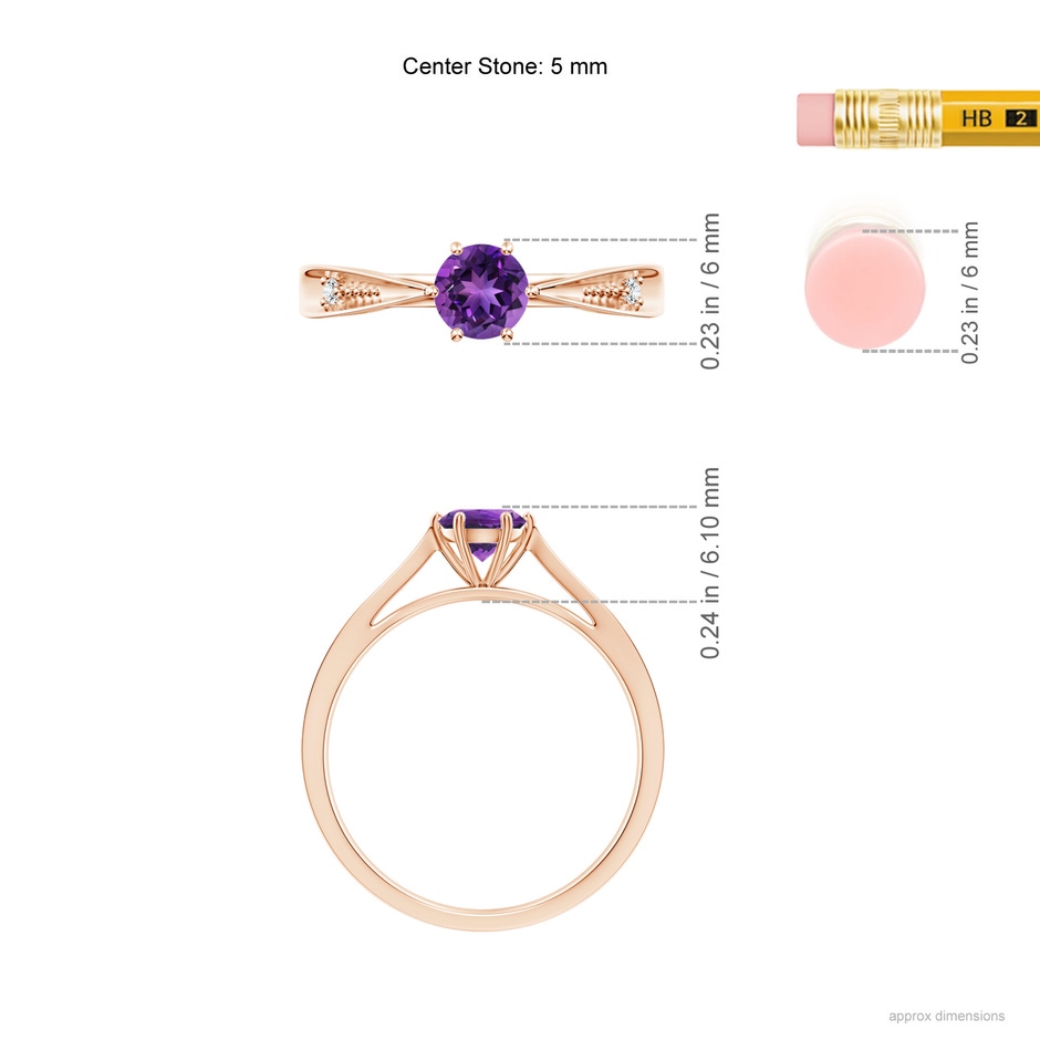 5mm AAAA Tapered Shank Amethyst Solitaire Ring with Diamonds in Rose Gold ruler