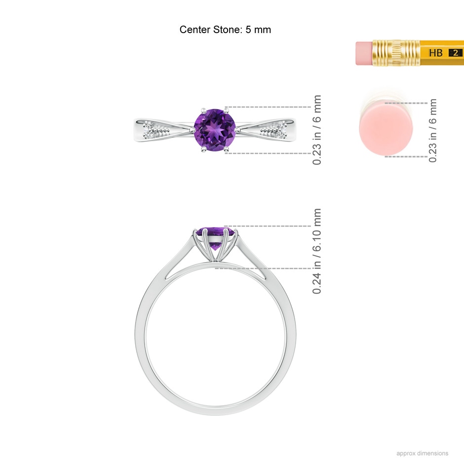 5mm AAAA Tapered Shank Amethyst Solitaire Ring with Diamonds in White Gold ruler