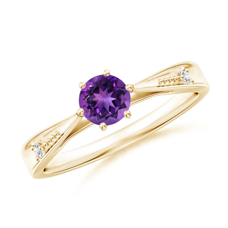 5mm AAAA Tapered Shank Amethyst Solitaire Ring with Diamonds in Yellow Gold 