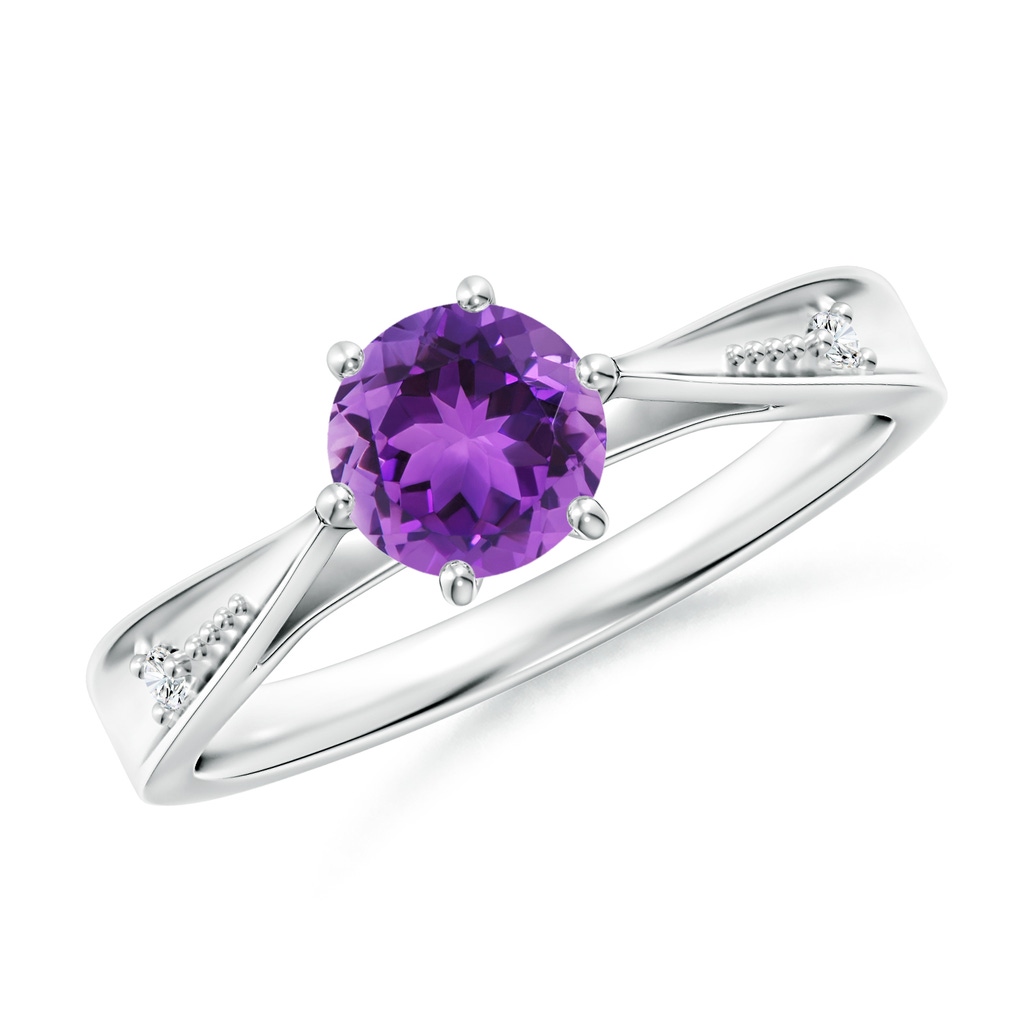 6mm AAA Tapered Shank Amethyst Solitaire Ring with Diamonds in White Gold
