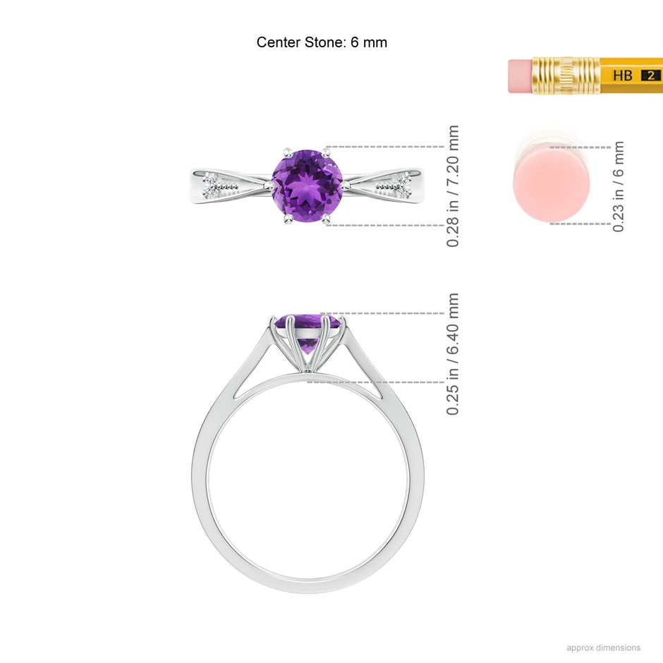 6mm AAA Tapered Shank Amethyst Solitaire Ring with Diamonds in White Gold ruler