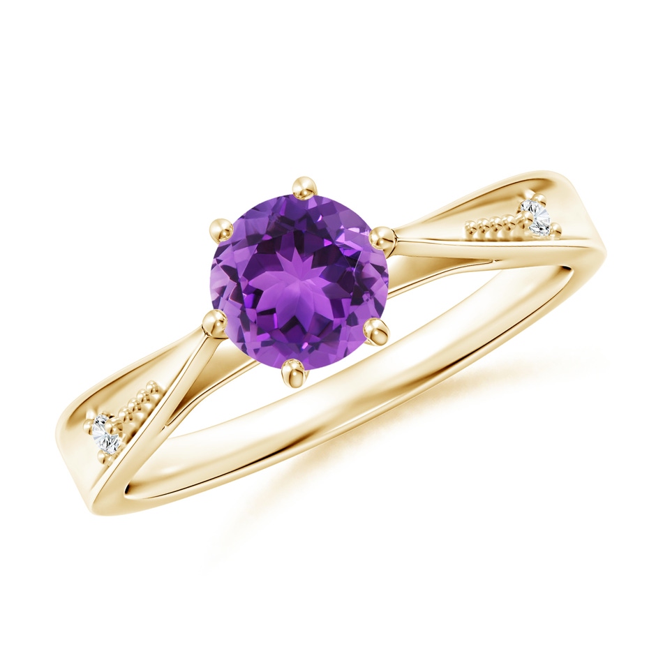 6mm AAA Tapered Shank Amethyst Solitaire Ring with Diamonds in Yellow Gold 