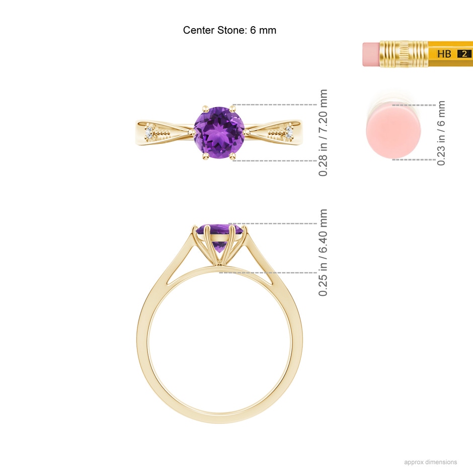 6mm AAA Tapered Shank Amethyst Solitaire Ring with Diamonds in Yellow Gold ruler