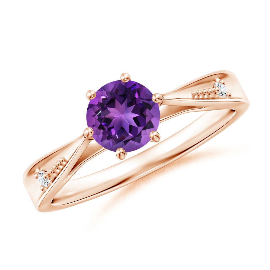 6mm AAAA Tapered Shank Amethyst Solitaire Ring with Diamonds in Rose Gold 