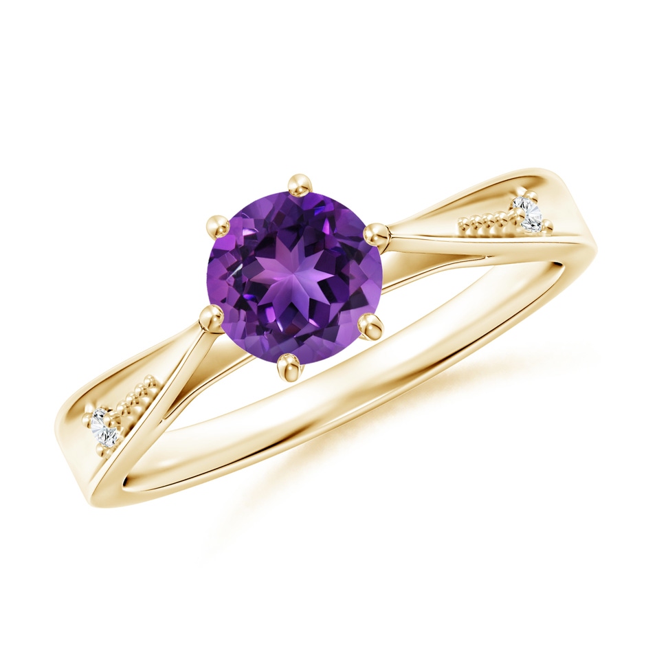 6mm AAAA Tapered Shank Amethyst Solitaire Ring with Diamonds in Yellow Gold 