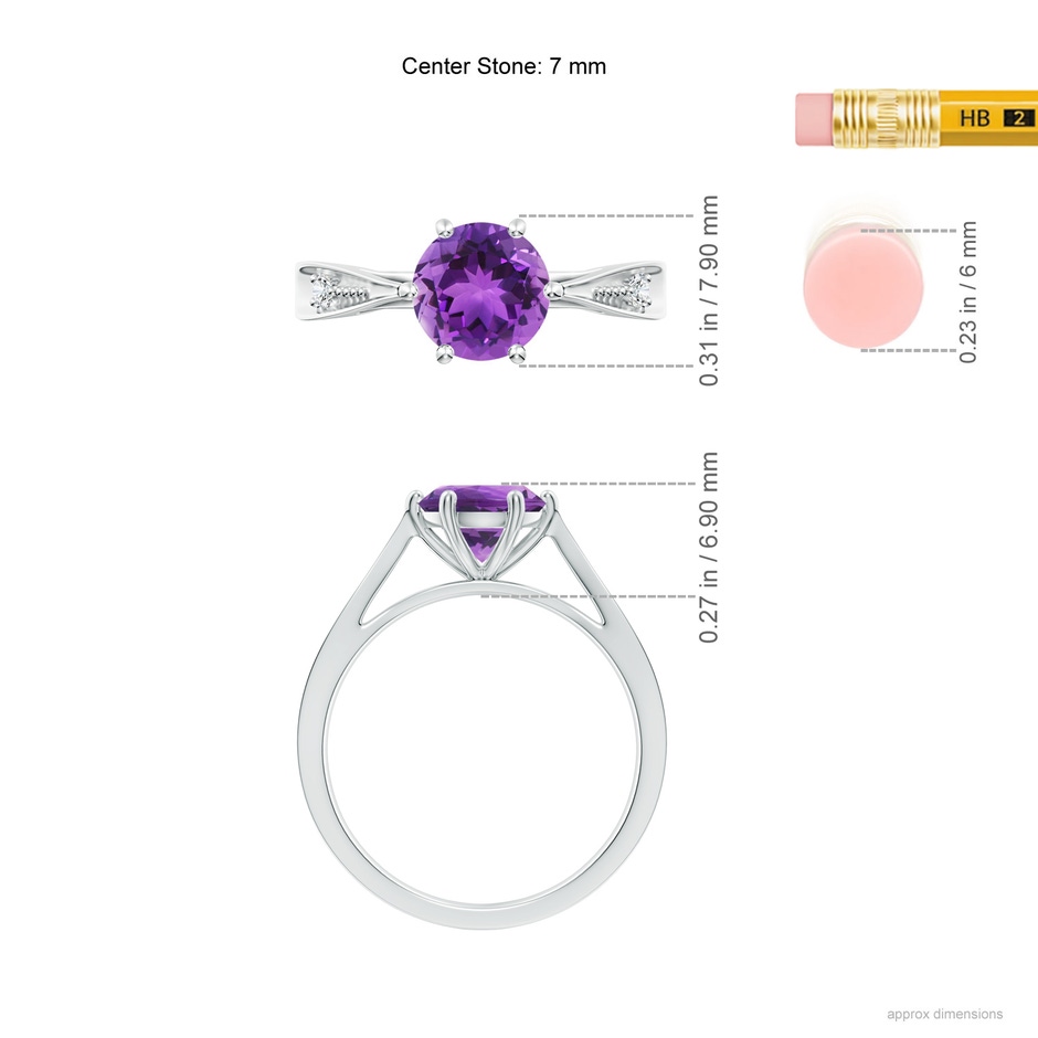7mm AAA Tapered Shank Amethyst Solitaire Ring with Diamonds in White Gold ruler