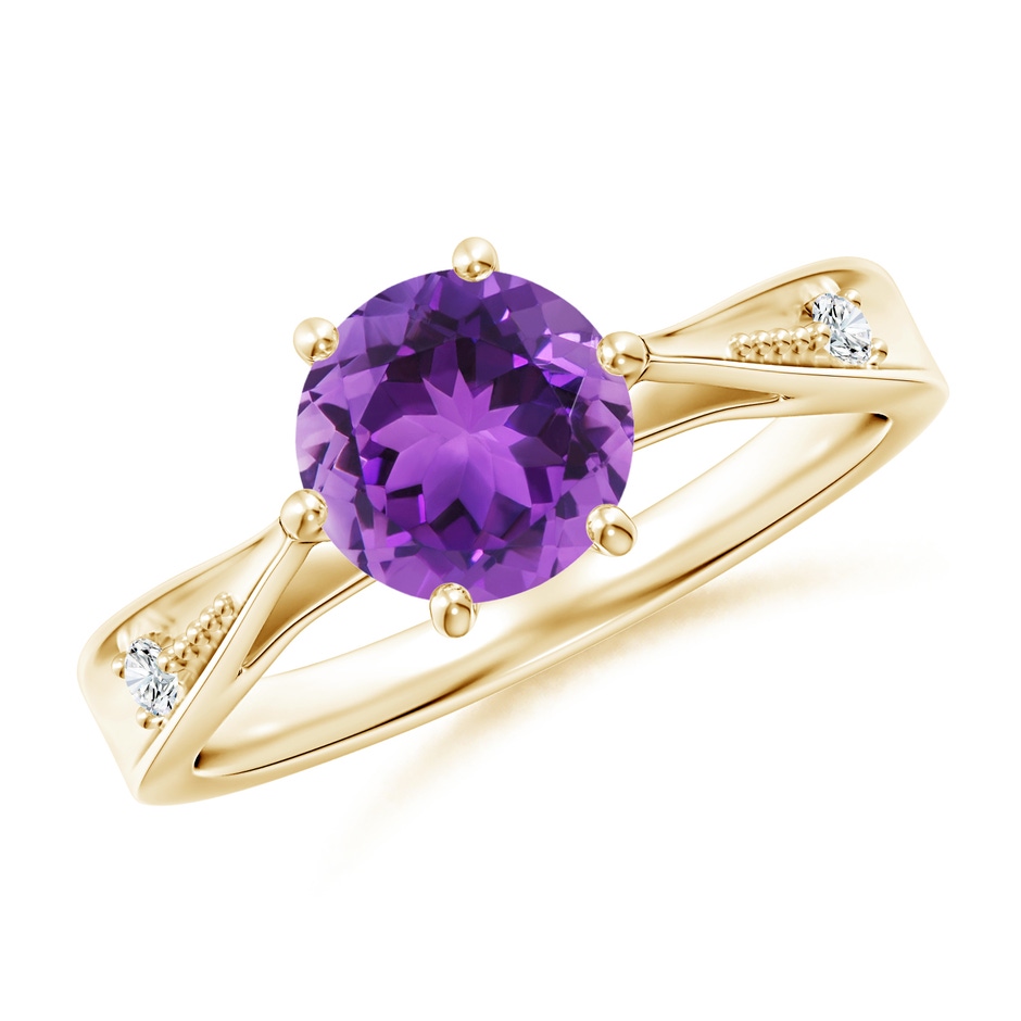 7mm AAA Tapered Shank Amethyst Solitaire Ring with Diamonds in Yellow Gold 