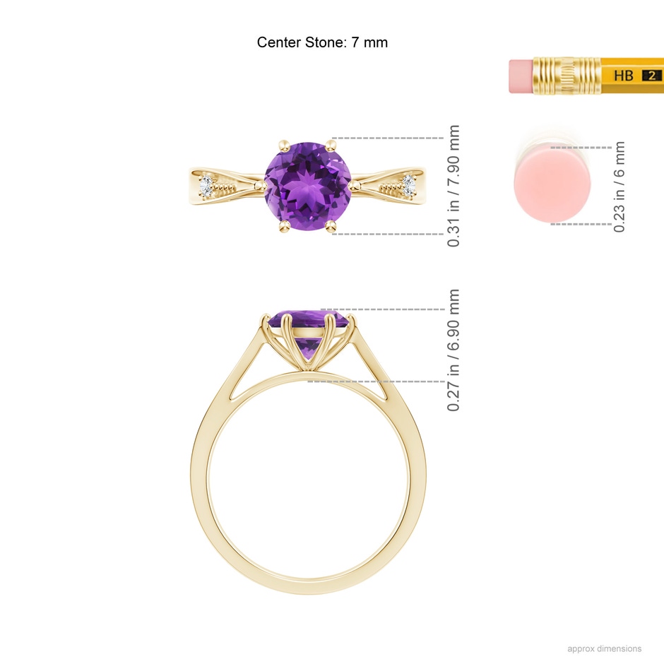 7mm AAA Tapered Shank Amethyst Solitaire Ring with Diamonds in Yellow Gold ruler