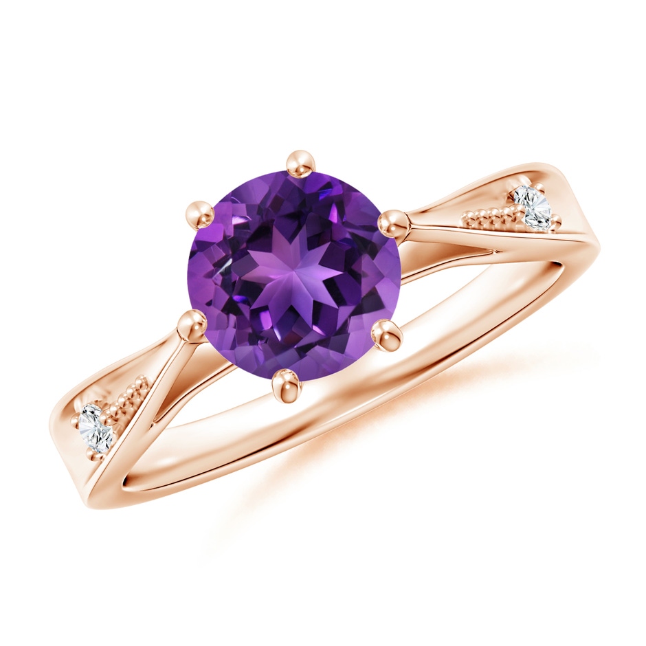 7mm AAAA Tapered Shank Amethyst Solitaire Ring with Diamonds in Rose Gold 