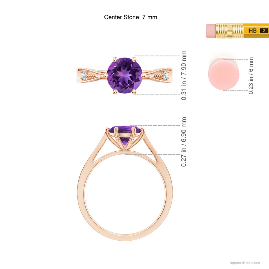7mm AAAA Tapered Shank Amethyst Solitaire Ring with Diamonds in Rose Gold ruler
