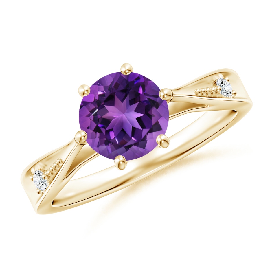 7mm AAAA Tapered Shank Amethyst Solitaire Ring with Diamonds in Yellow Gold 