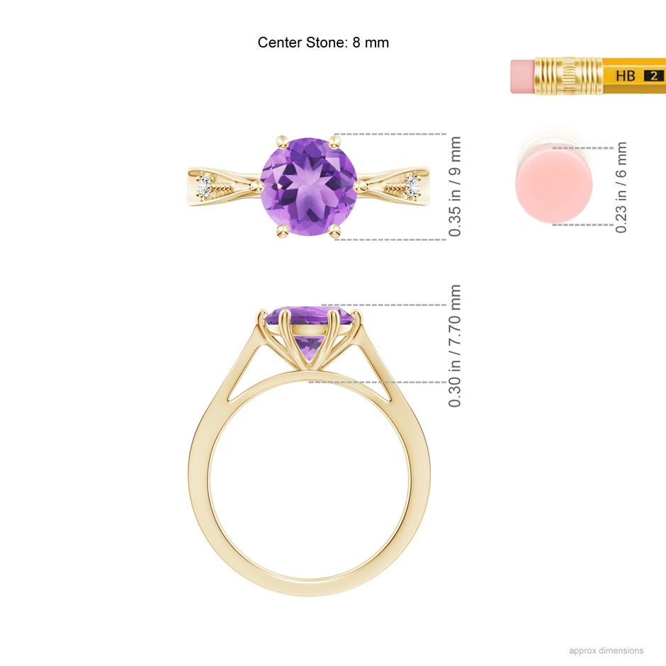 8mm A Tapered Shank Amethyst Solitaire Ring with Diamonds in Yellow Gold ruler