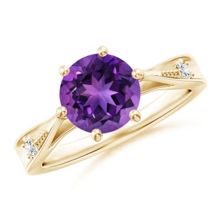 8mm AAAA Tapered Shank Amethyst Solitaire Ring with Diamonds in 9K Yellow Gold