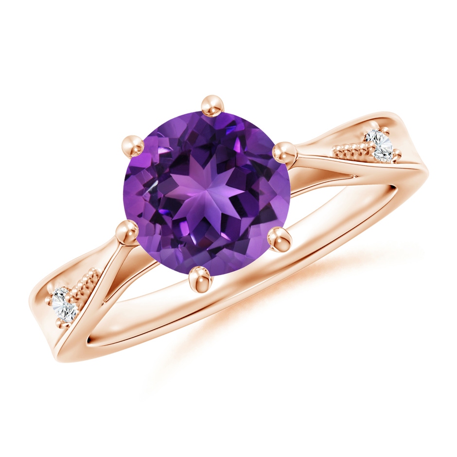 8mm AAAA Tapered Shank Amethyst Solitaire Ring with Diamonds in Rose Gold 