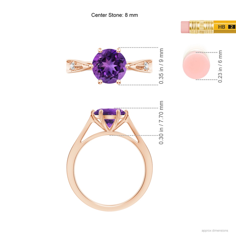 8mm AAAA Tapered Shank Amethyst Solitaire Ring with Diamonds in Rose Gold ruler