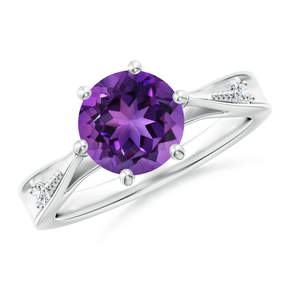 8mm AAAA Tapered Shank Amethyst Solitaire Ring with Diamonds in White Gold 