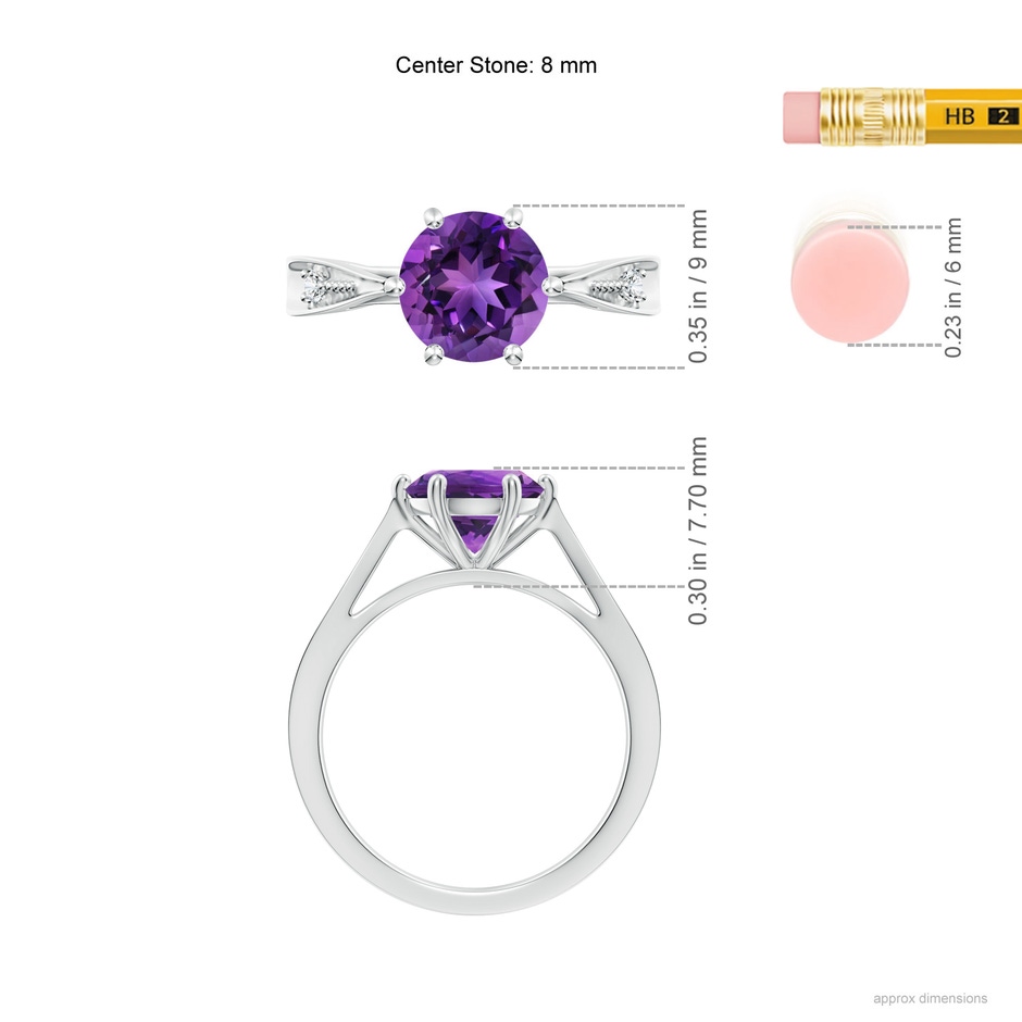 8mm AAAA Tapered Shank Amethyst Solitaire Ring with Diamonds in White Gold ruler