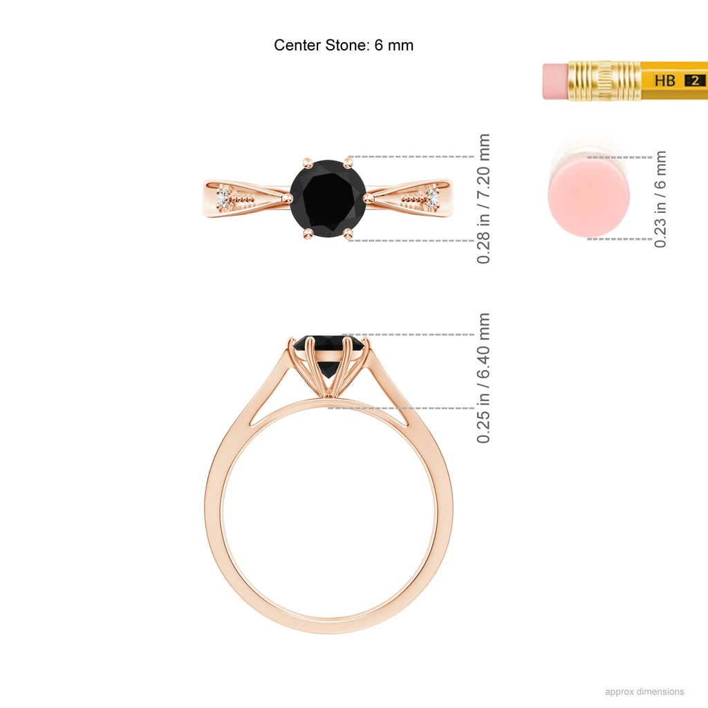 6mm AAA Tapered Shank Black Onyx Solitaire Ring with Diamonds in Rose Gold Ruler