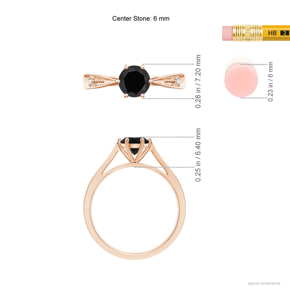 6mm AAA Tapered Shank Black Onyx Solitaire Ring with Diamonds in Rose Gold ruler