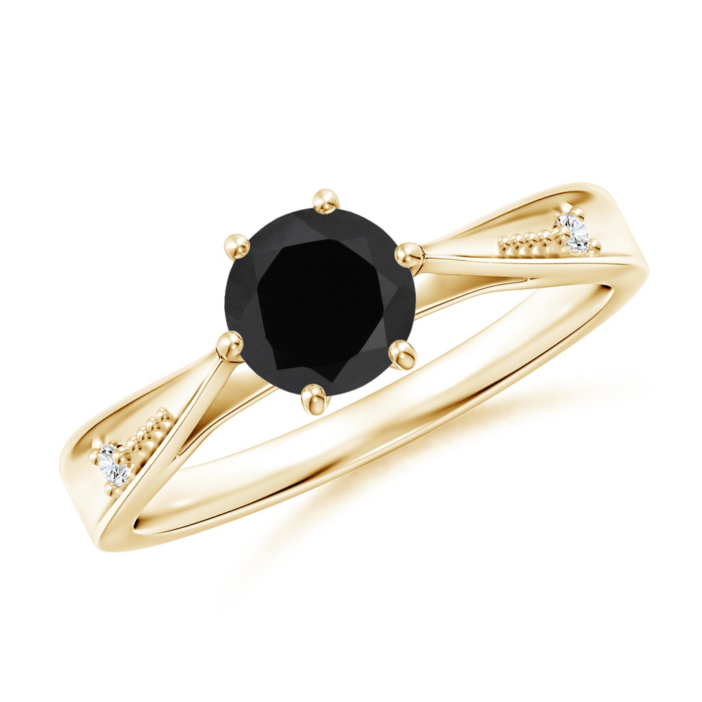 6mm AAA Tapered Shank Black Onyx Solitaire Ring with Diamonds in Yellow Gold