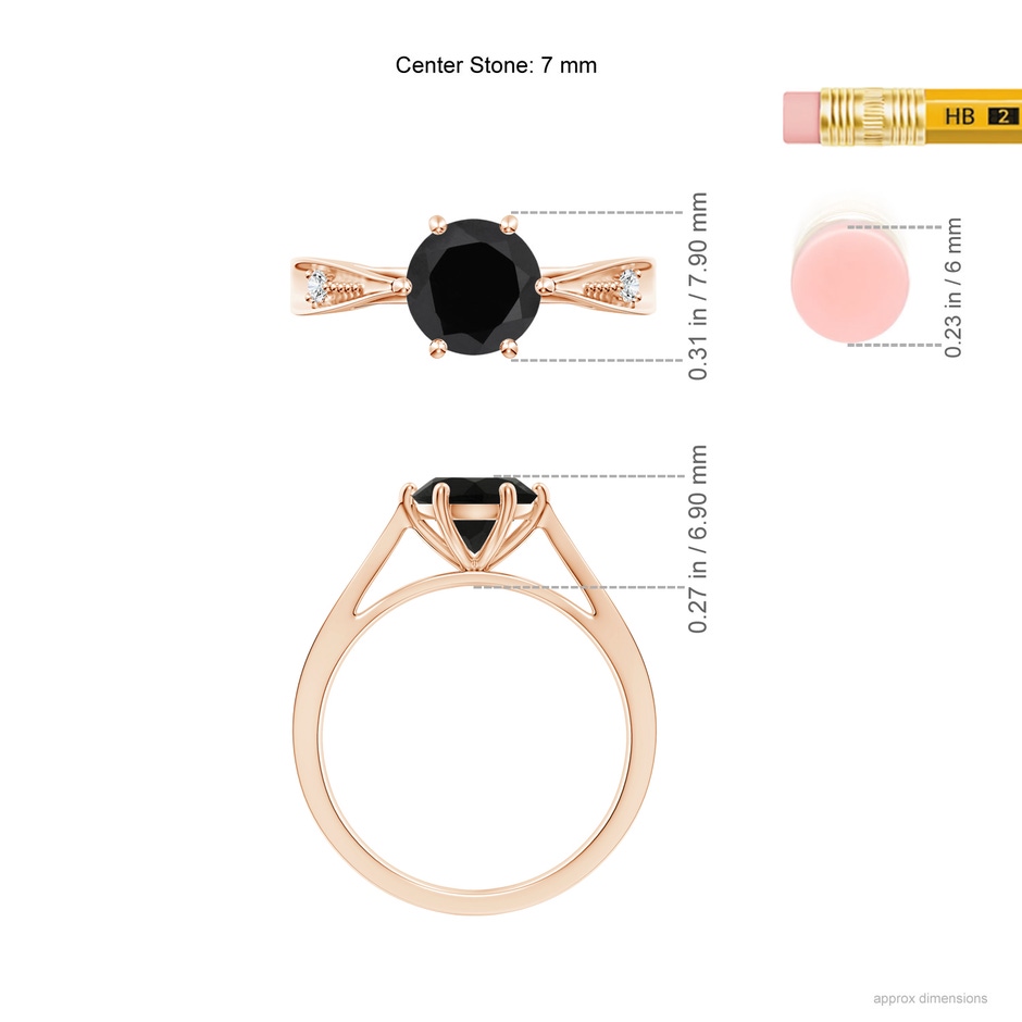 7mm AAA Tapered Shank Black Onyx Solitaire Ring with Diamonds in Rose Gold ruler